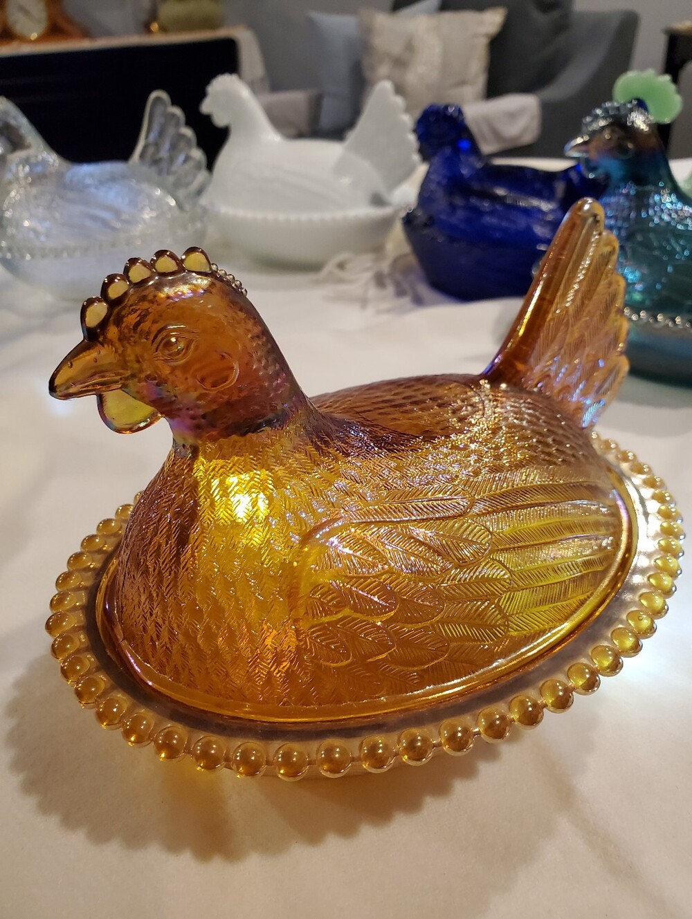 Indiana Glass Beaded Edge Marigold Golden Carnival Hen On Nest Candy - Picture 10 of 10